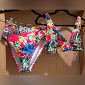Hilinker Tropical Floral Two-Piece Bikini - Vibrant Coral & Multicolor SizeS NEW